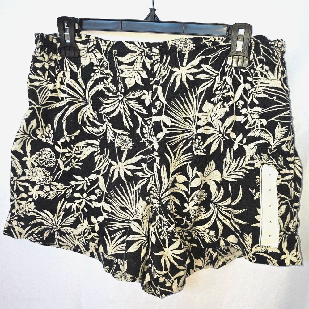A New Day Womens Linen Blend Pull On Shorts Black Floral Palm Leaf Casual M NWT